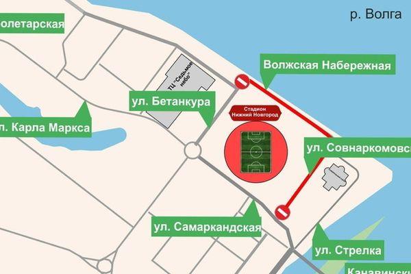 Схема движения транспорта в районе Нижегородской стрелки с 11 по 14 августа 2021 года.